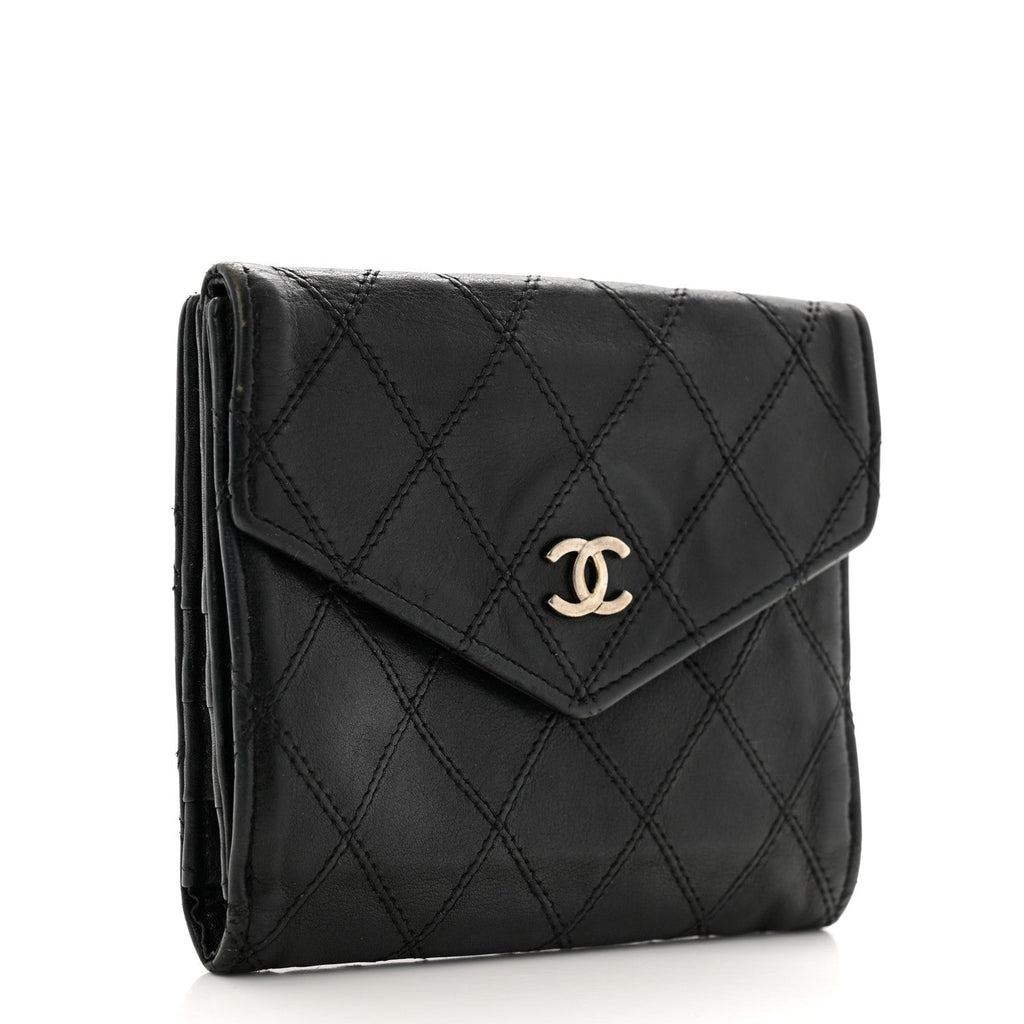 Lambskin Diamond Stitched Compact French Wallet Black