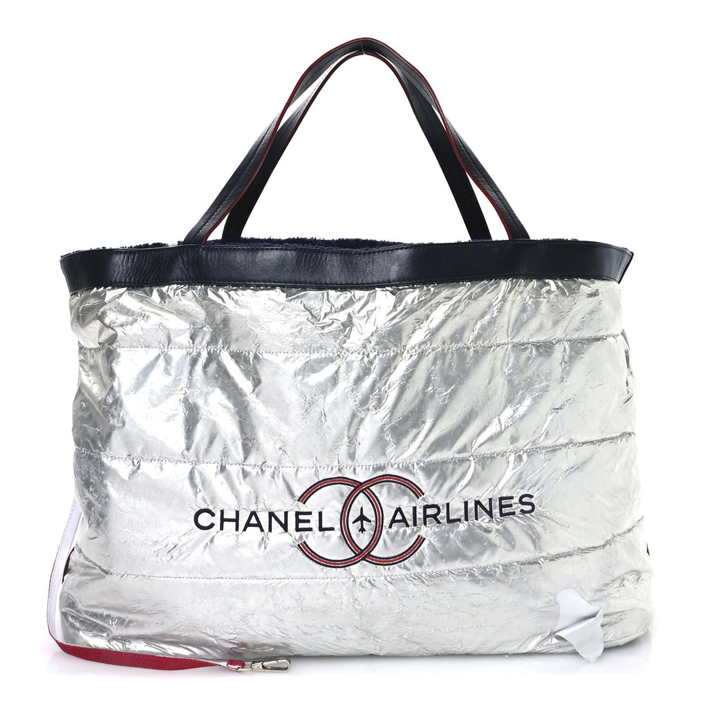 Nylon Terry Cloth Reversible Chanel Airlines Tote Silver Navy