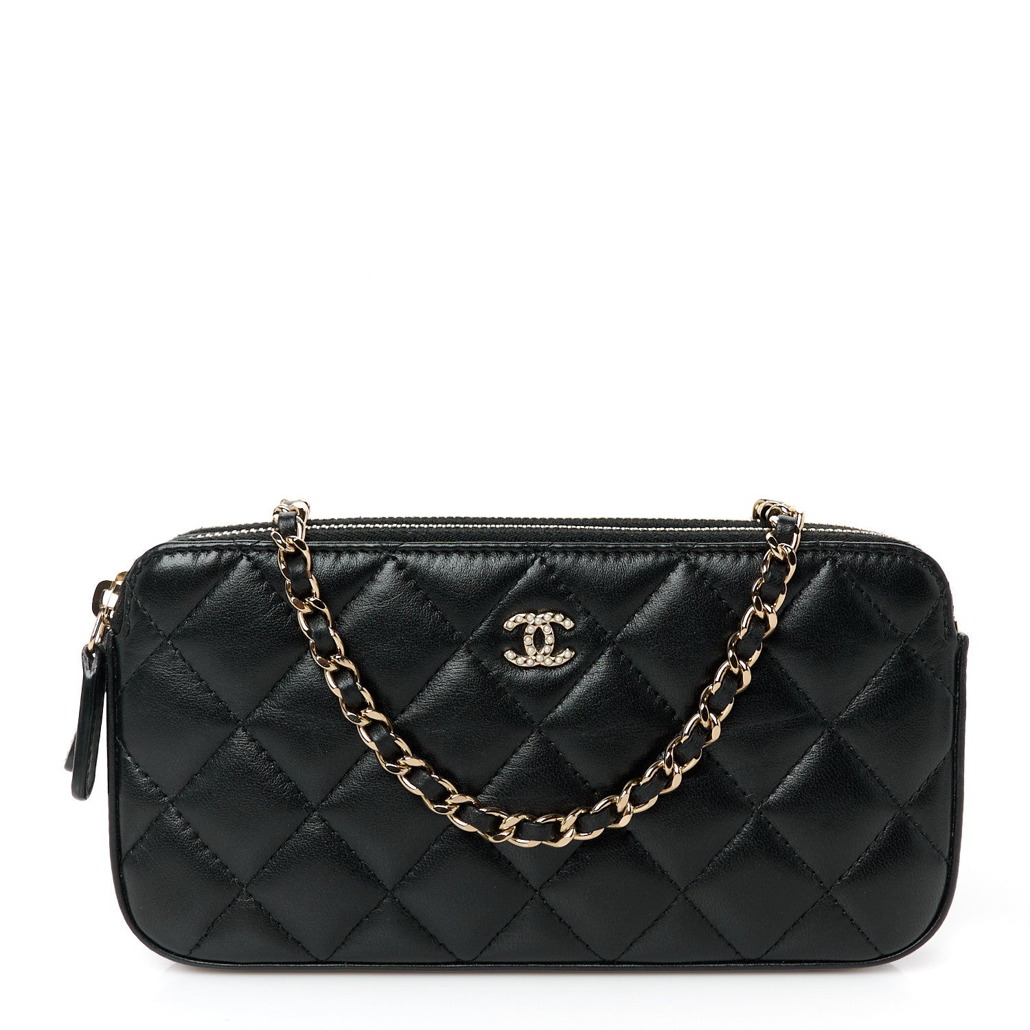 Lambskin Quilted Pearl Clutch With Chain Black