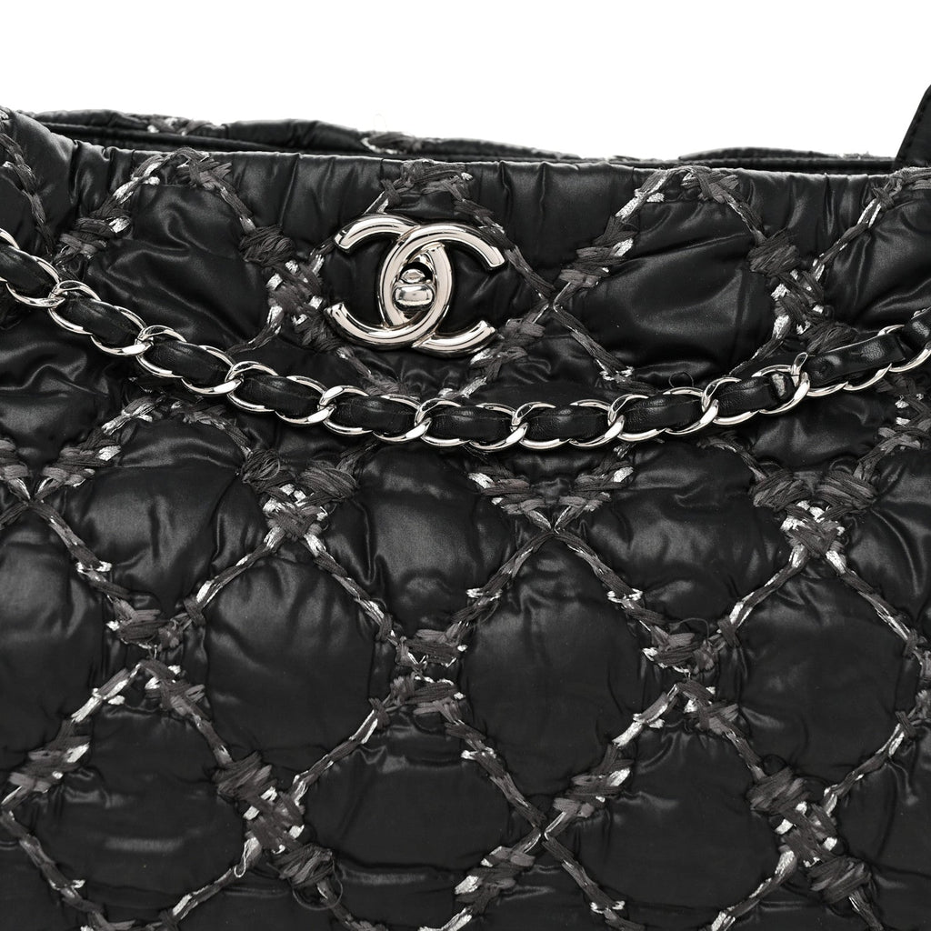 Nylon Quilted Tweed Stitch Bubble Tote Black