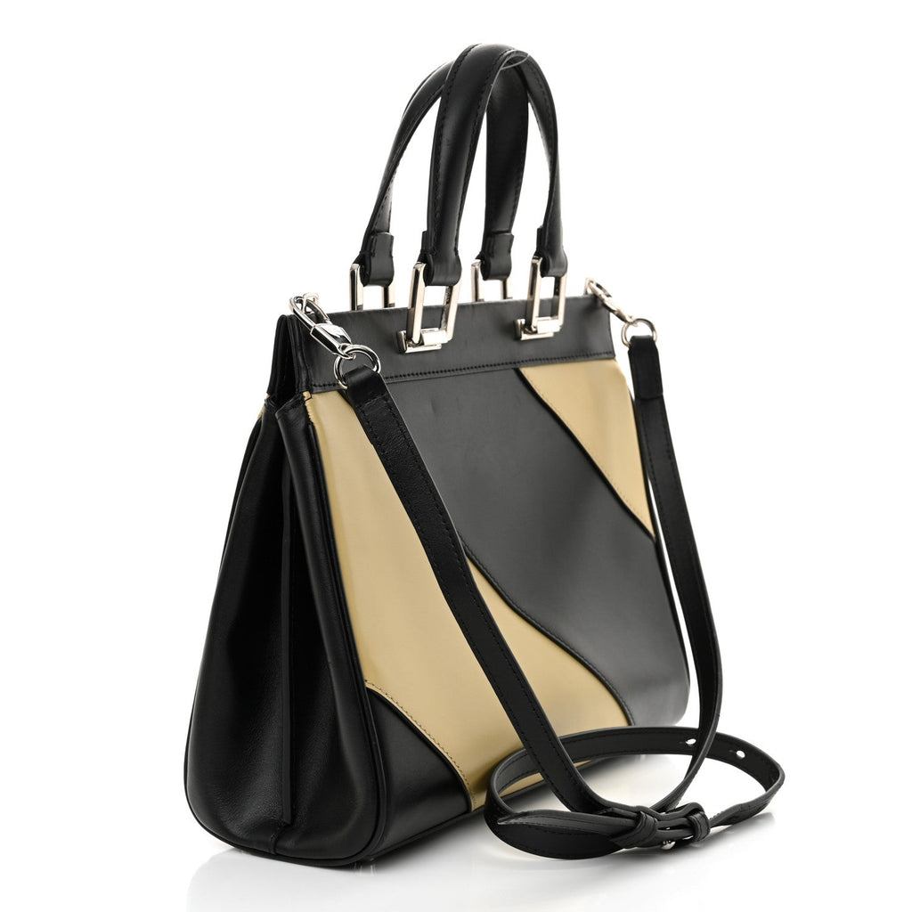 Smooth Calfskin Diagonal Striped Small Zumi Top Handle Bag Black Beige