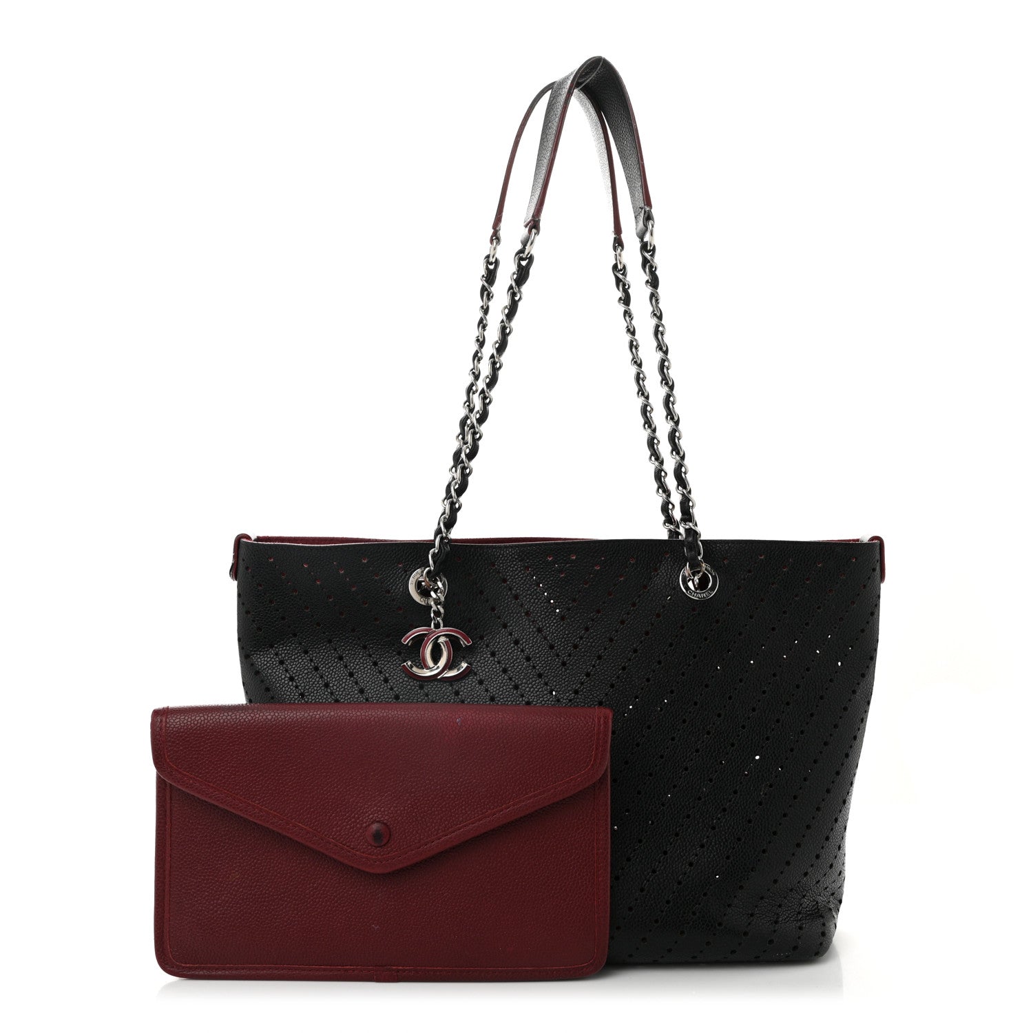 Perforated Grained Calfskin Large Shopping Tote Black