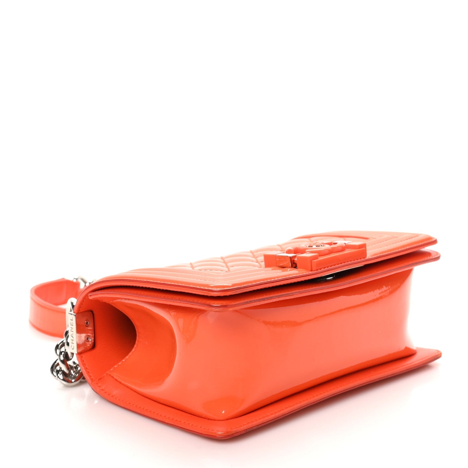 Patent Calfskin Quilted Small Plexiglass Boy Flap Orange