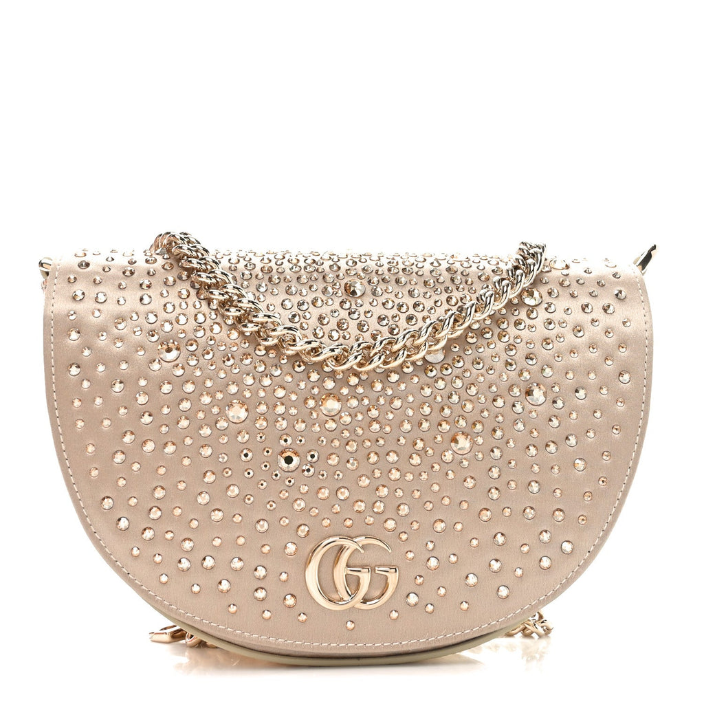 Satin Crystal Half Moon Chain Shoulder Bag Beige