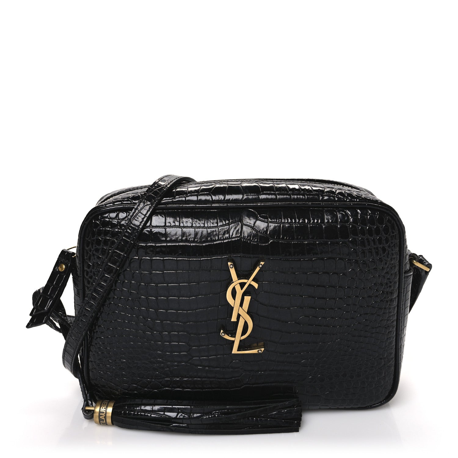 Patent Calfskin Crocodile Embossed Monogram Lou Camera Bag Black