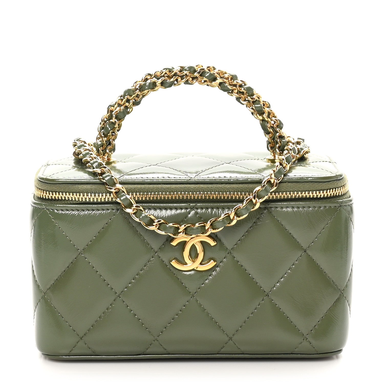Shiny Crumpled Calfskin Quilted Pick Me Up Vanity Case Khaki
