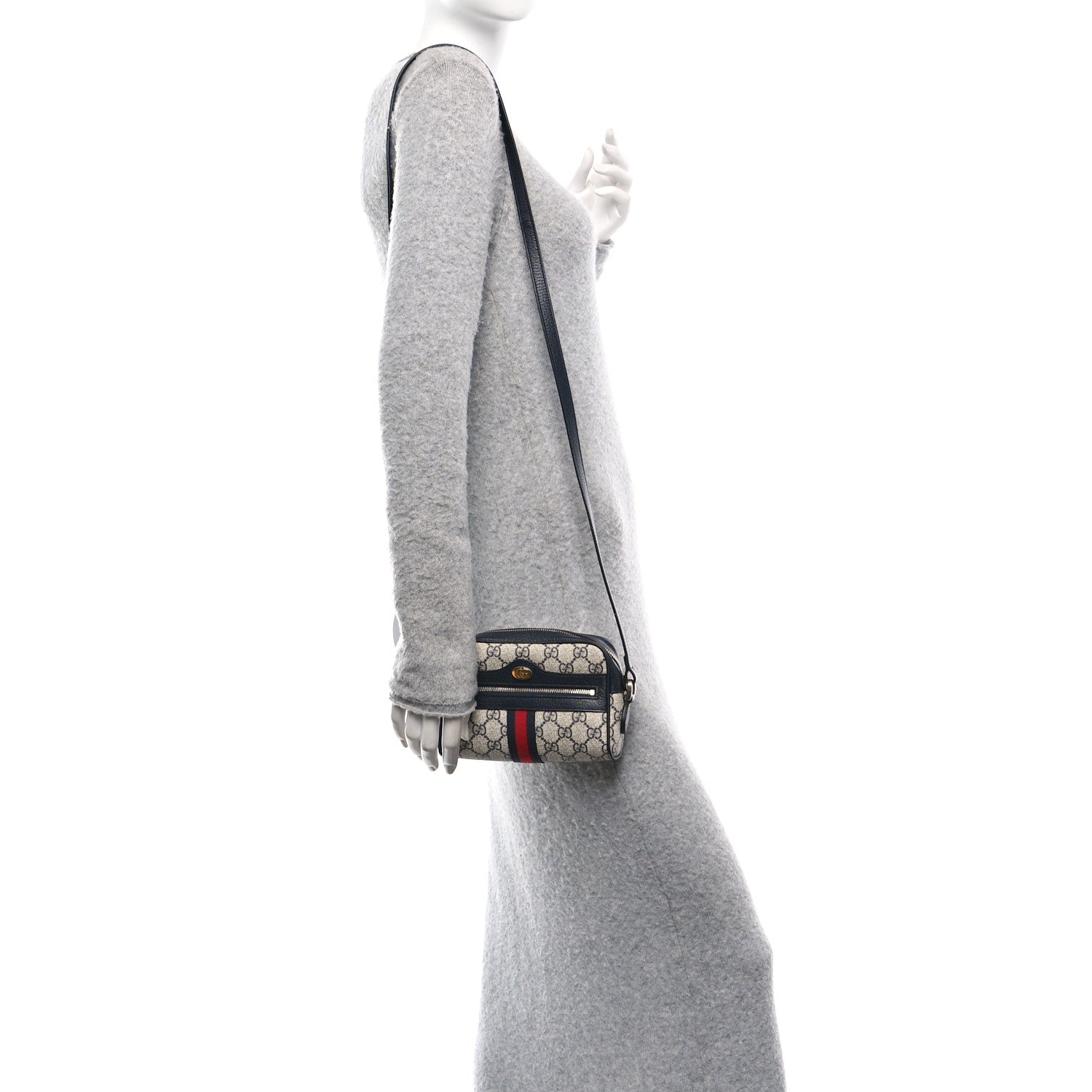 GG Supreme Monogram Textured Dollar Calfskin Web Mini Ophidia Shoulder Bag Beige Blue