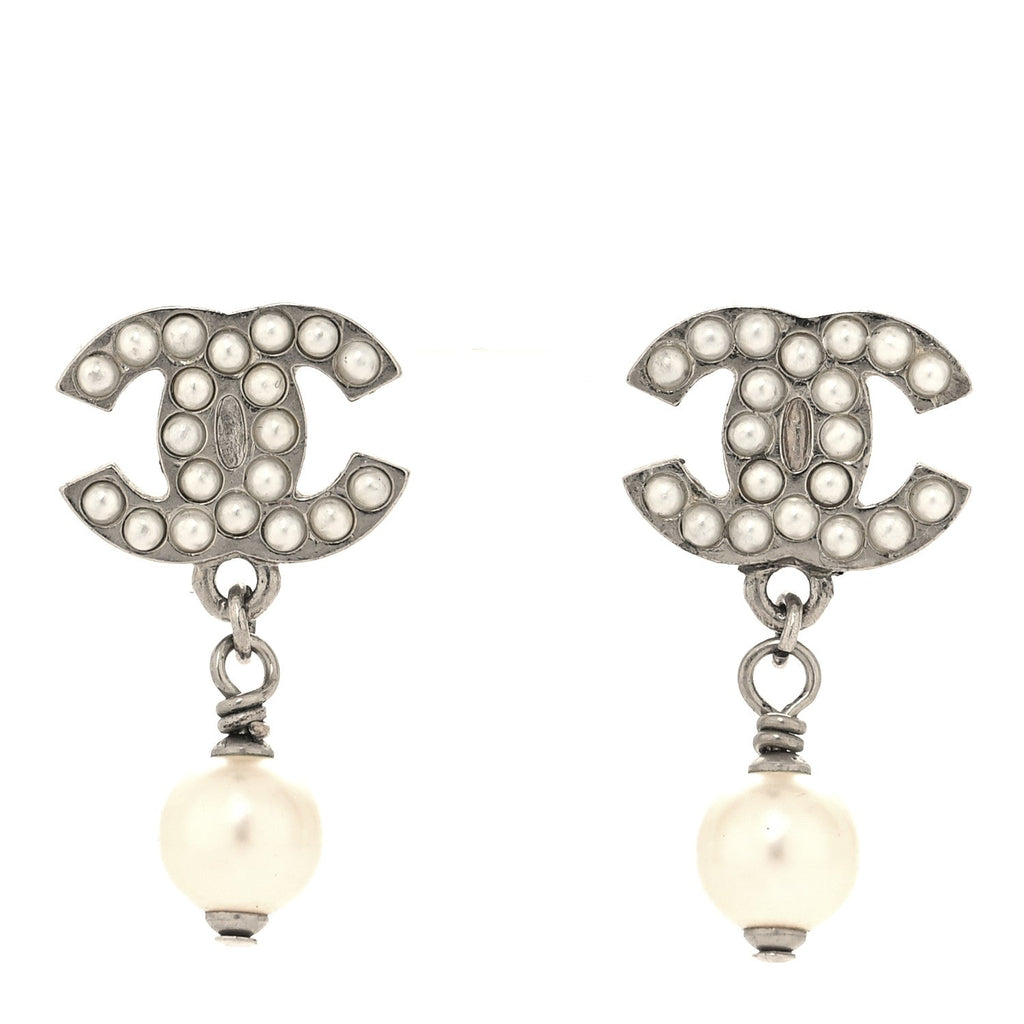 Crystal Pearl CC Drop Earrings Silver