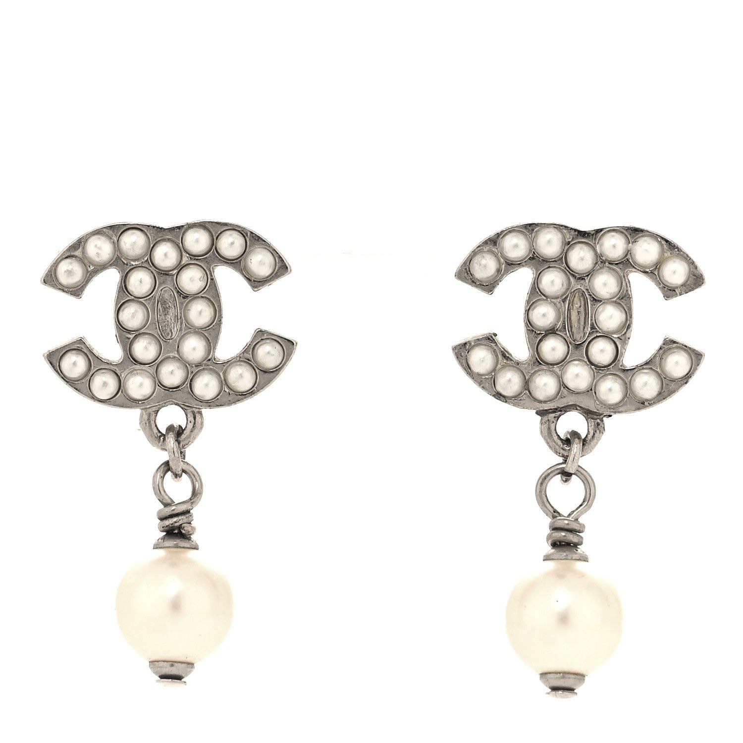 Crystal Pearl CC Drop Earrings Silver