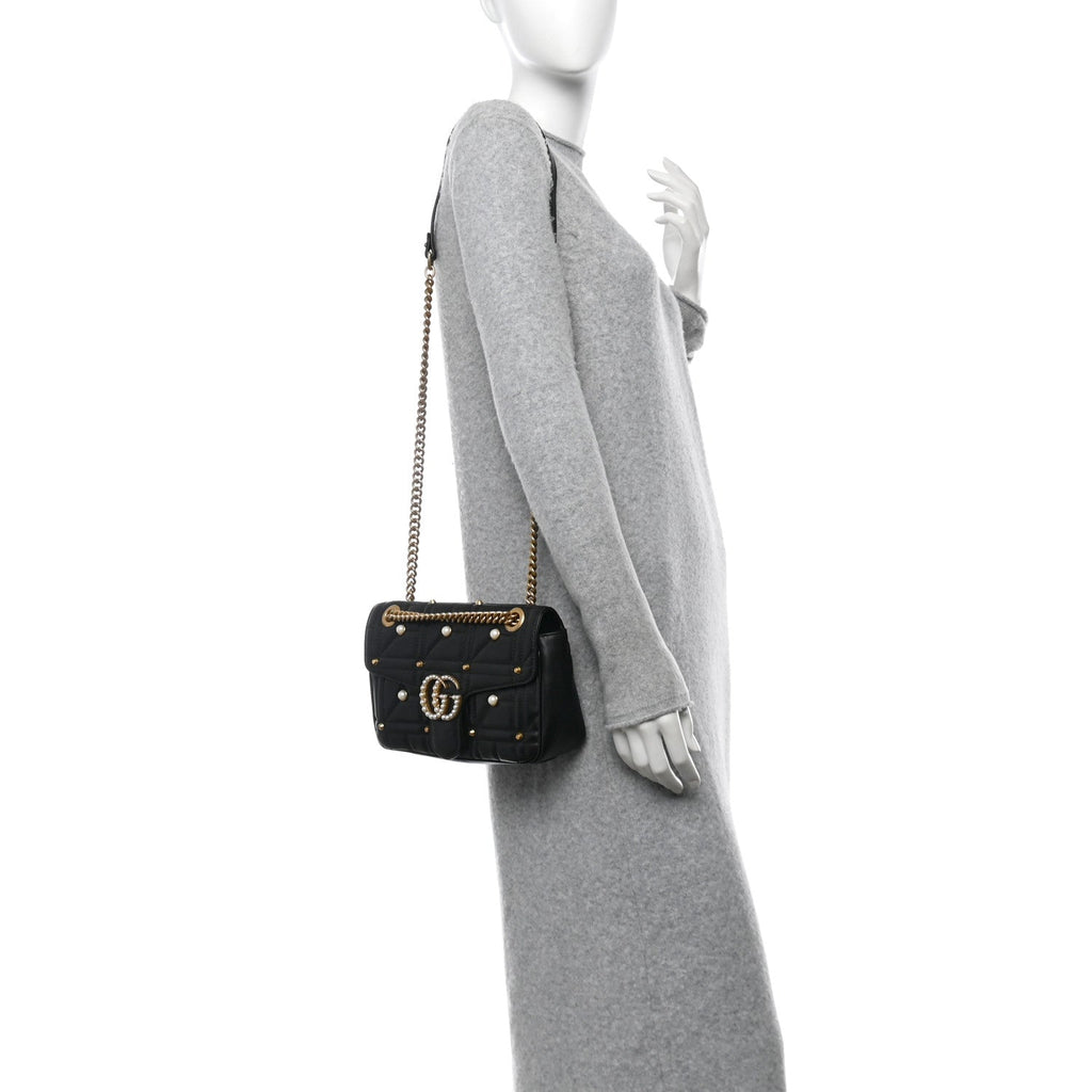 Calfskin Matelasse Studded Small Pearly GG Marmont Shoulder Bag Black