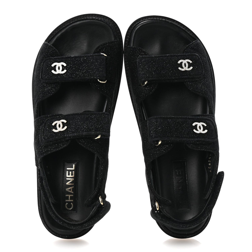 Suede Calfskin Glitter Crystal Velcro Dad Sandals 40 Black