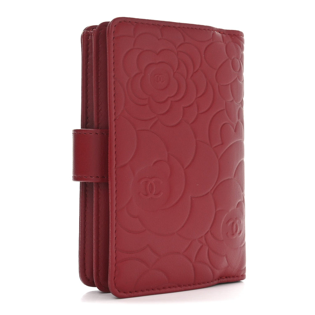 Lambskin Camellia Embossed Zipped Pocket Wallet Red
