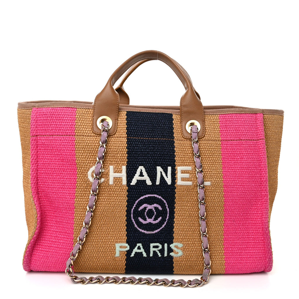 Straw Raffia Calfskin Striped Medium Deauville Tote Dark Beige Fuchsia Navy Blue