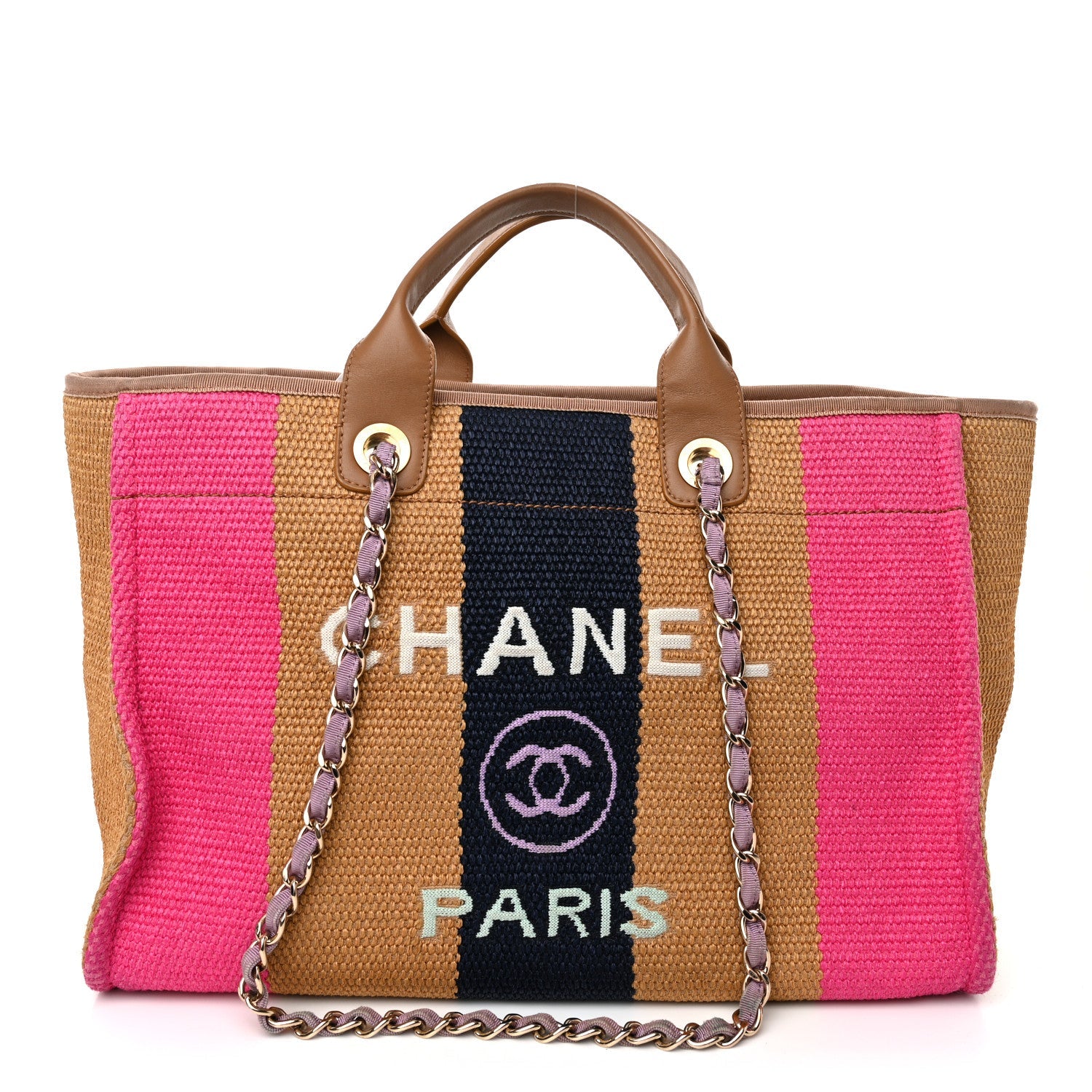 Straw Raffia Calfskin Striped Medium Deauville Tote Dark Beige Fuchsia Navy Blue