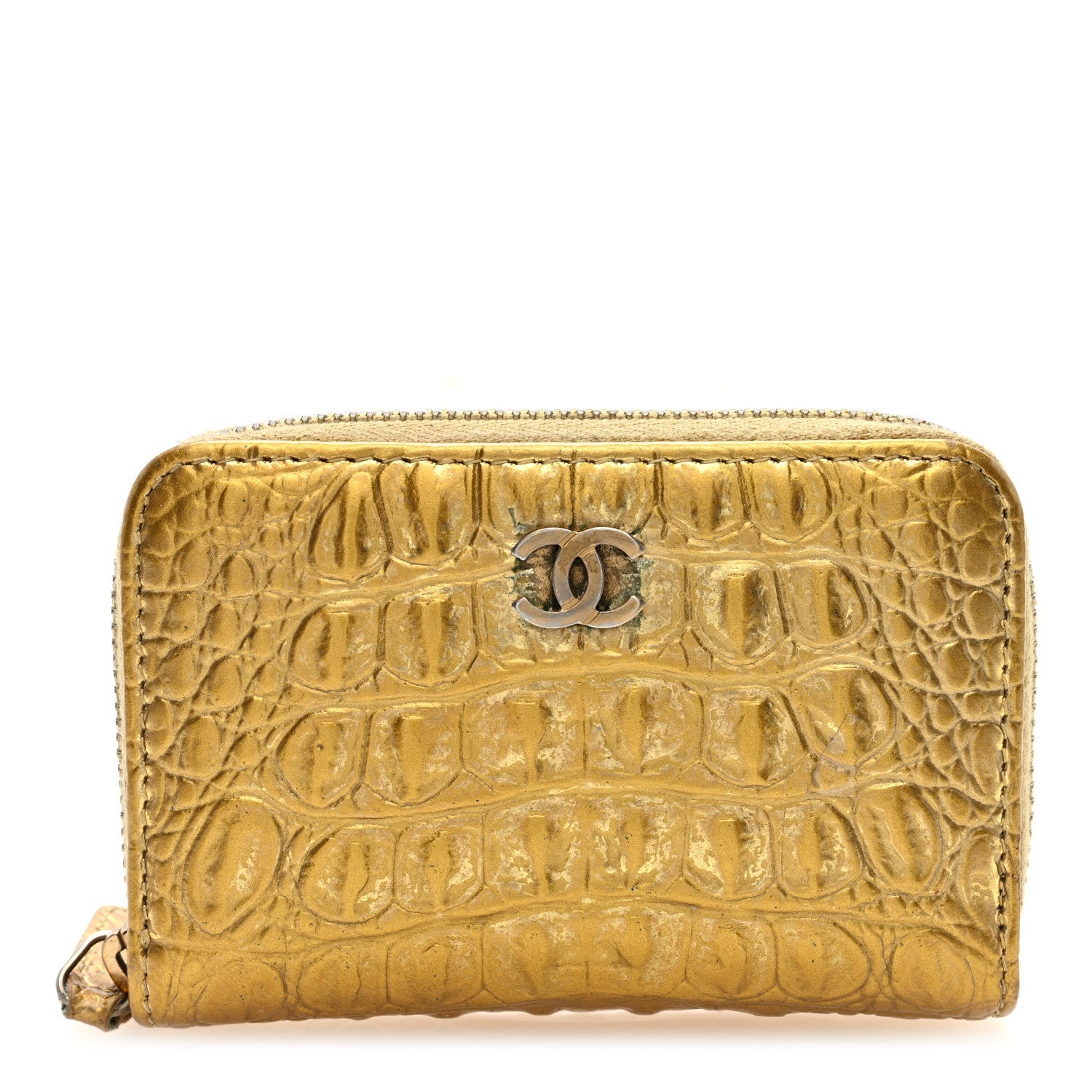 Metallic Calfskin Crocodile Embossed Cocodile Zip Coin Case Gold