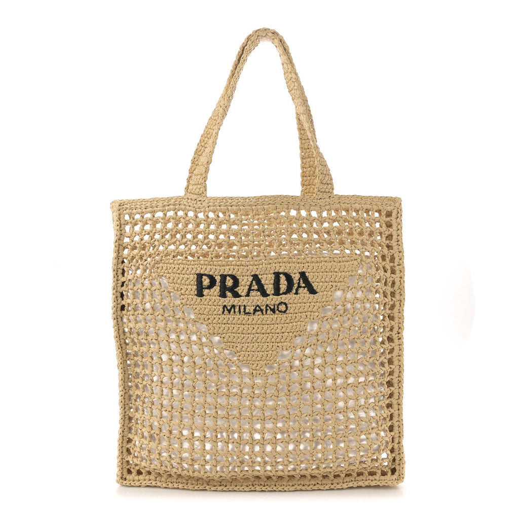 Yarn Raffia Effect Crochet Logo Embroidered Tote Bag Naturale