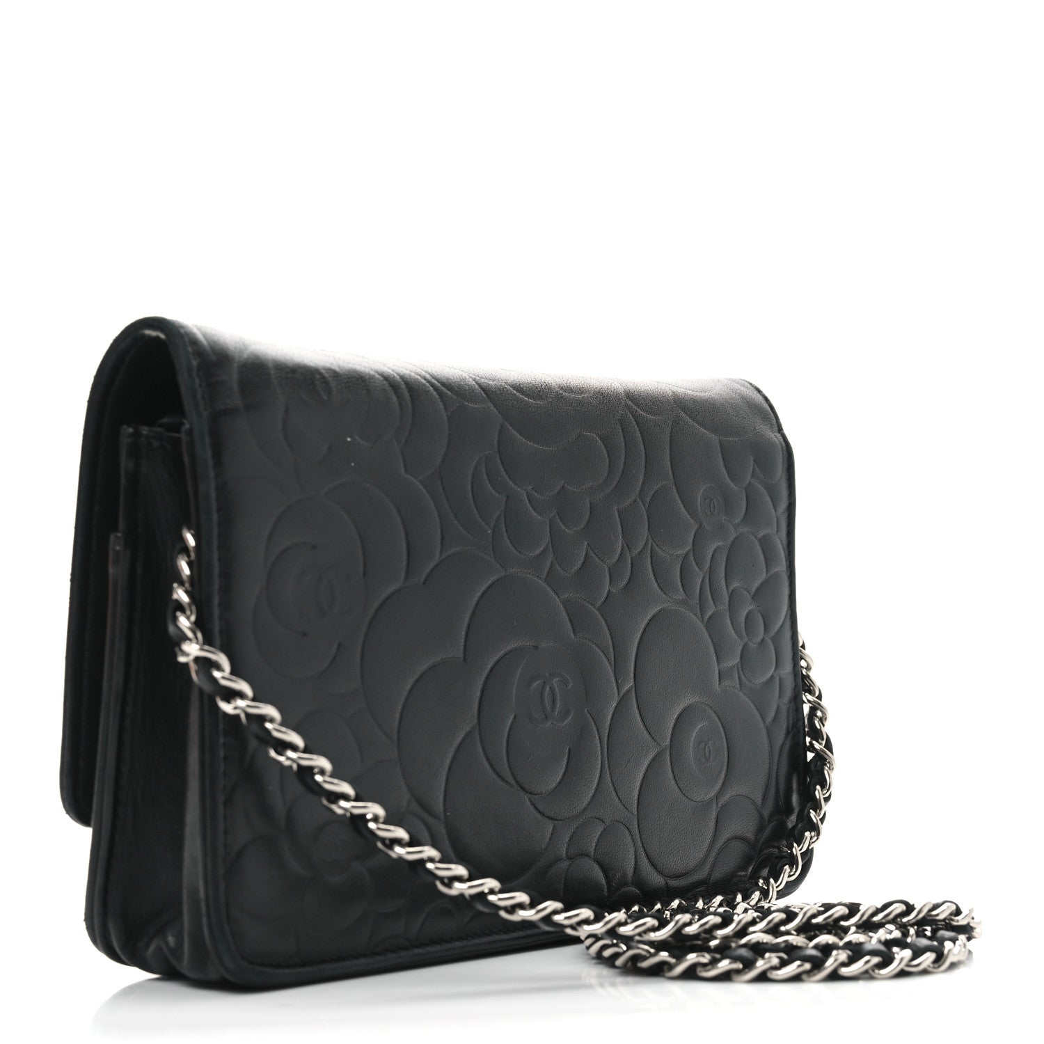 Lambskin Camellia Embossed Wallet on Chain WOC Black