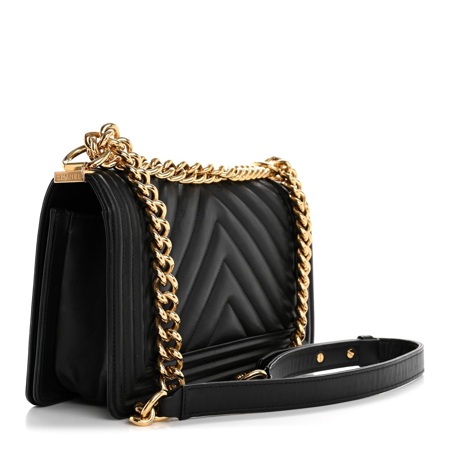 Calfskin Chevron Quilted Medium Boy Flap Black