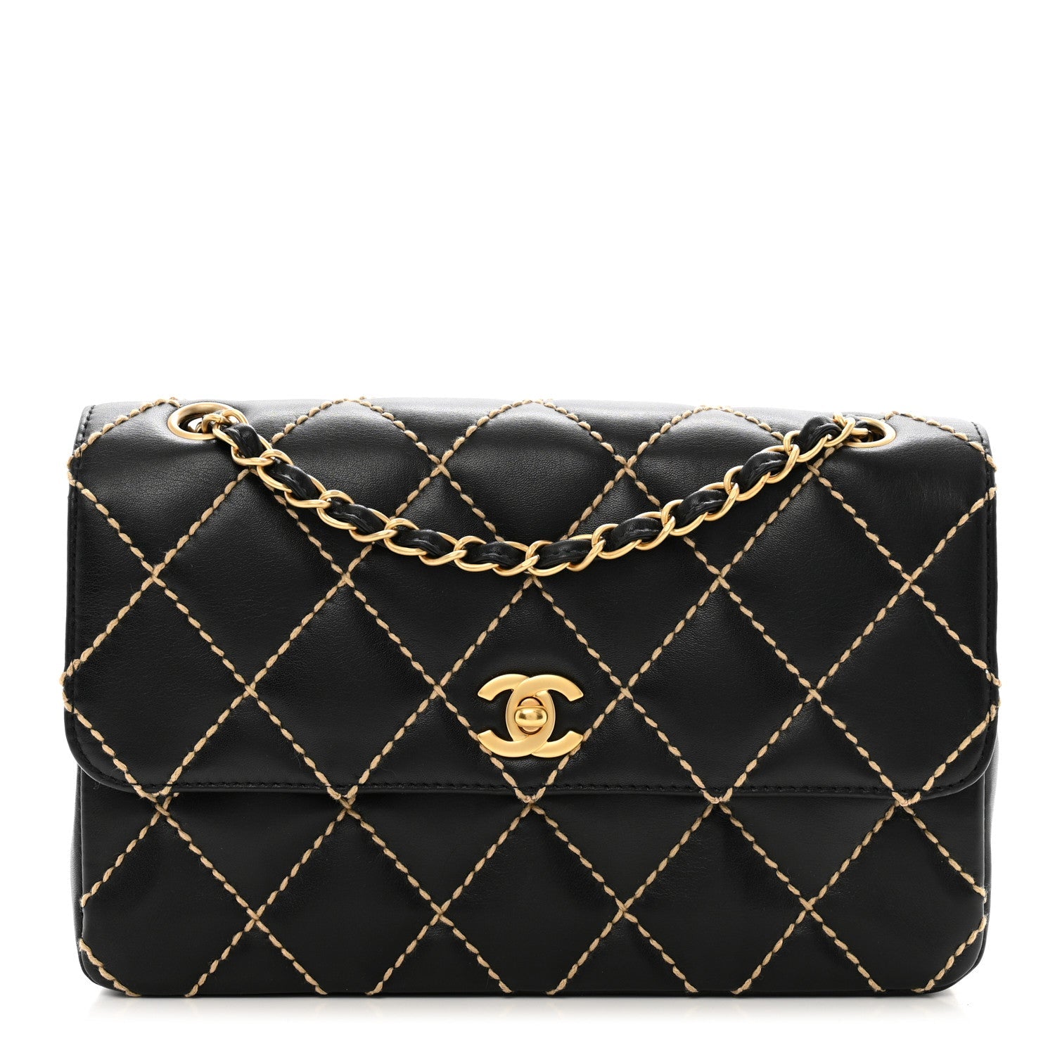 Calfskin Quilted Contrast Stitch Medium Flap Black