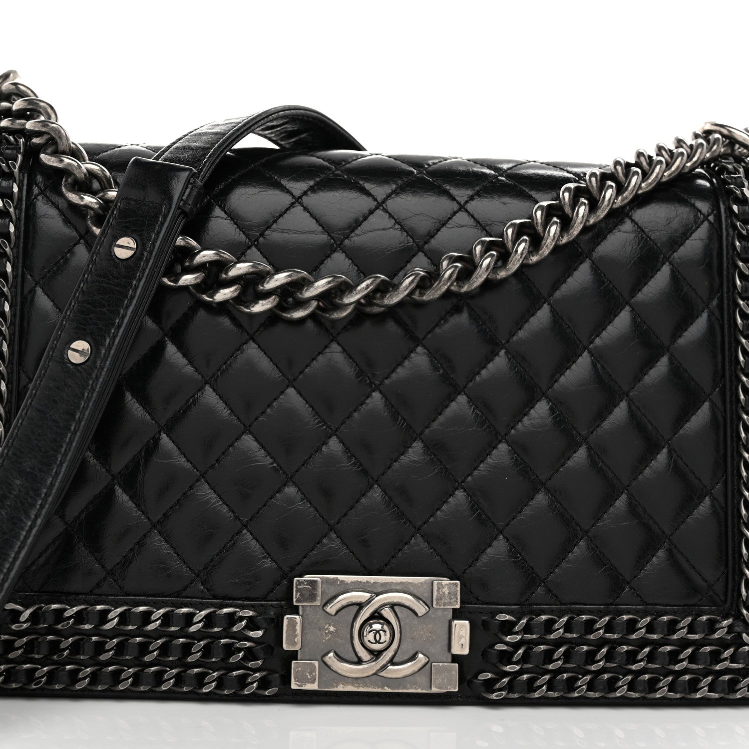 Glazed Calfskin Quilted New Medium Boy Chained Flap Black