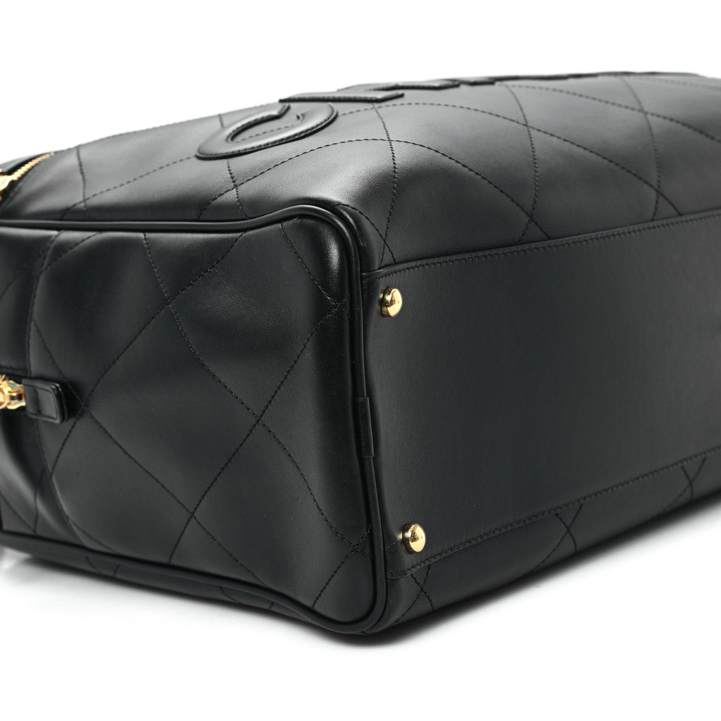 Calfskin Stitched Maxi Logo Bowling Bag Black