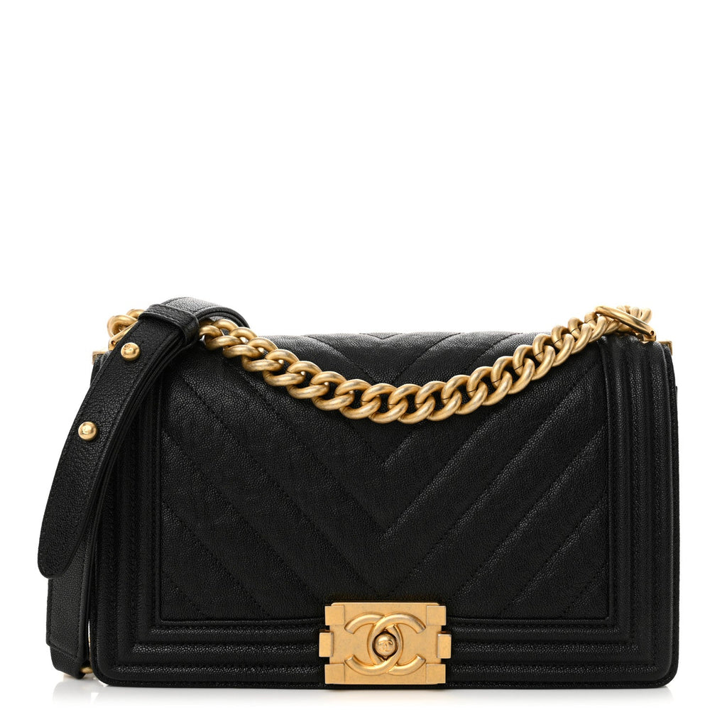 Caviar Chevron Quilted Medium Boy Flap Black