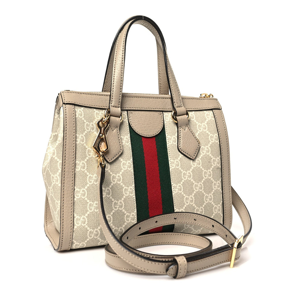 GG Supreme Monogram Textured Dollar Calfskin Web Small Ophidia Tote Bag Beige Mystic White Oatmeal