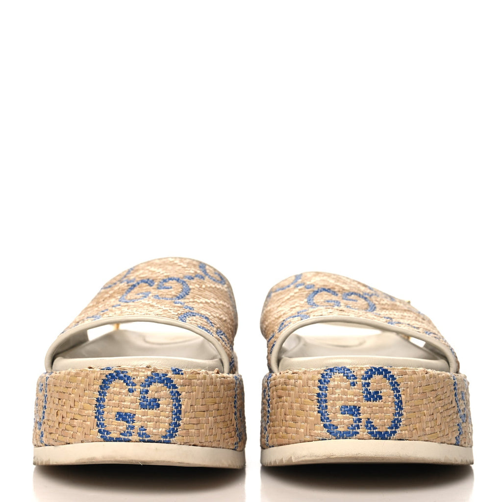 Raffia GG Monogram Granada Kid Angelina Platform 35mm Slingback Sandals 37.5 Natural Royale Mystic White