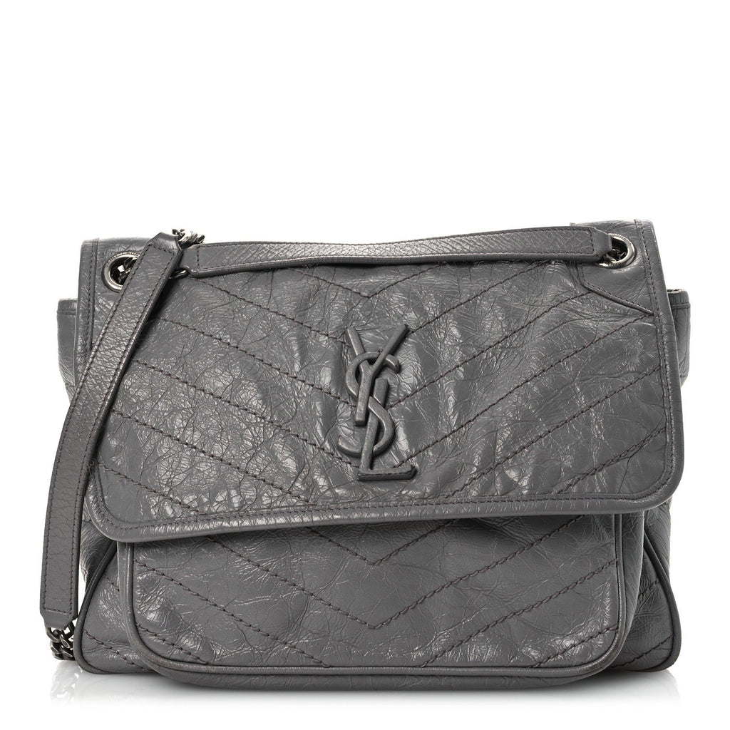 Crinkled Calfskin Matelasse Monogram Medium Niki Chain Satchel Fog