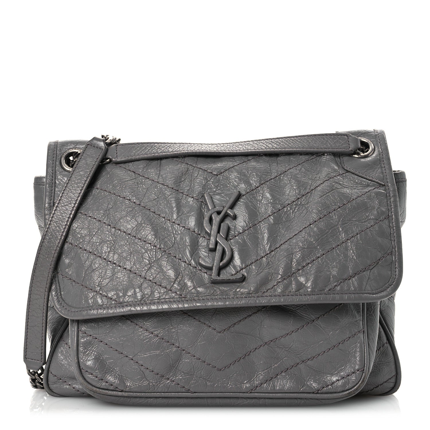 Crinkled Calfskin Matelasse Monogram Medium Niki Chain Satchel Fog