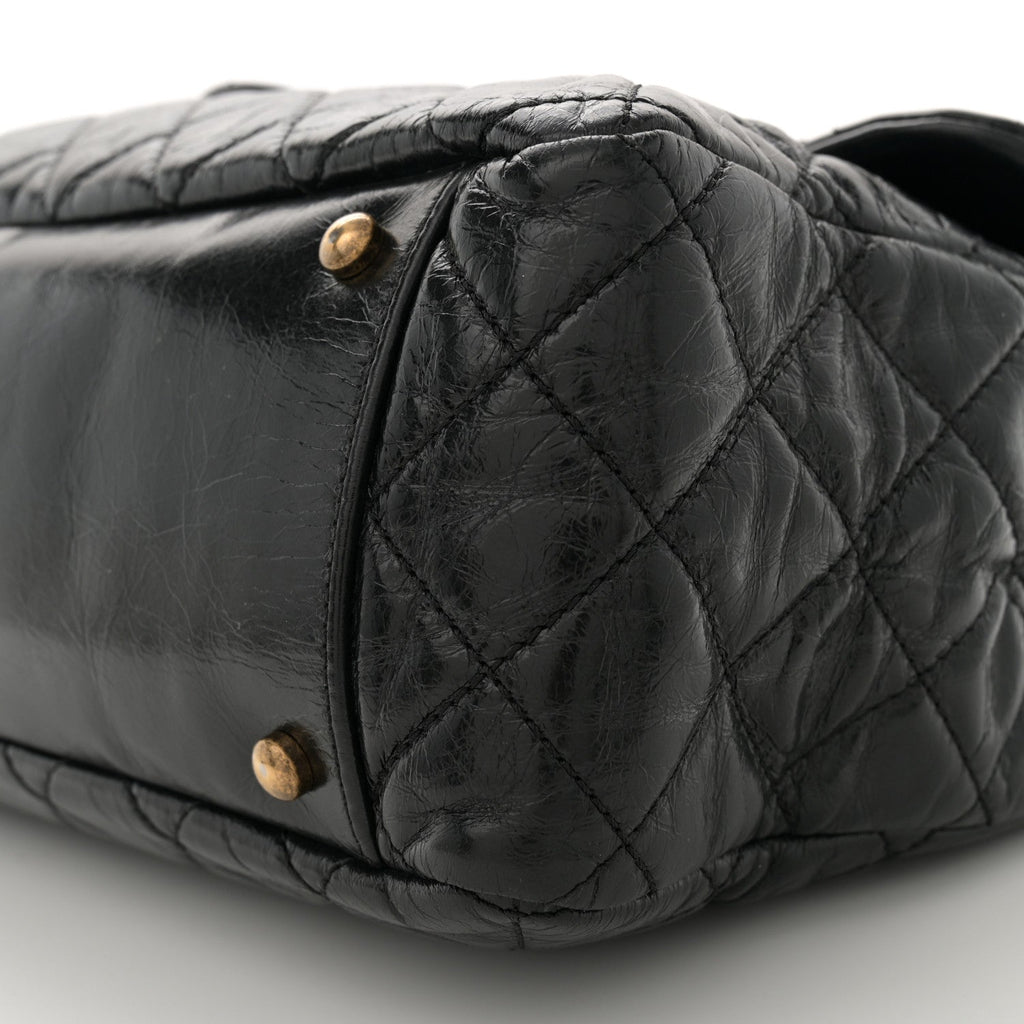 Glazed Calfskin Castle Rock Large Flap Black Burgundy