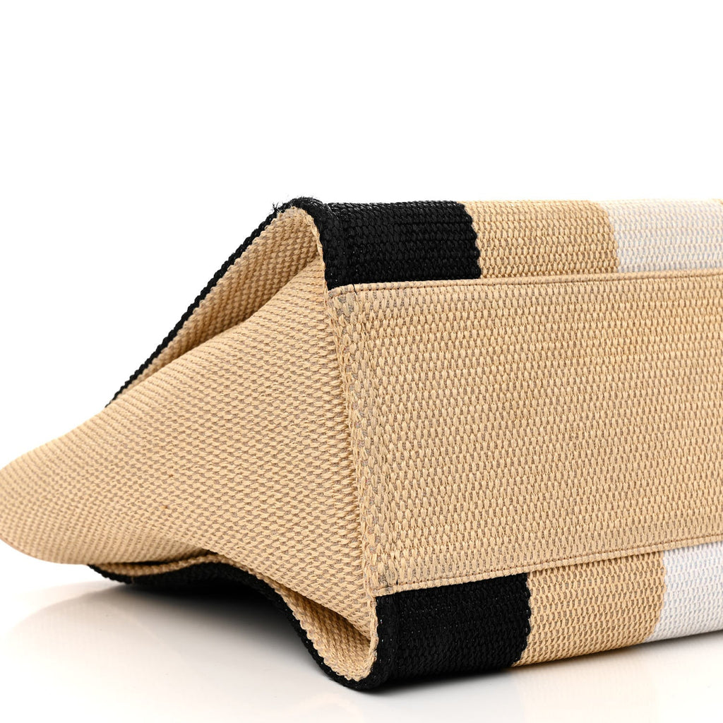 Straw Raffia Calfskin Striped Medium Deauville Tote Black Beige Ivory