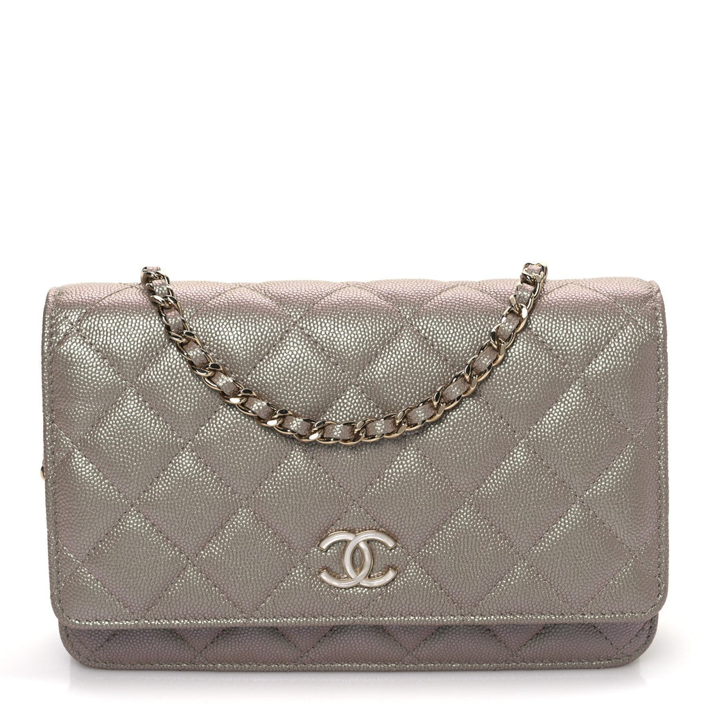 Iridescent Caviar Quilted Wallet on Chain WOC Beige