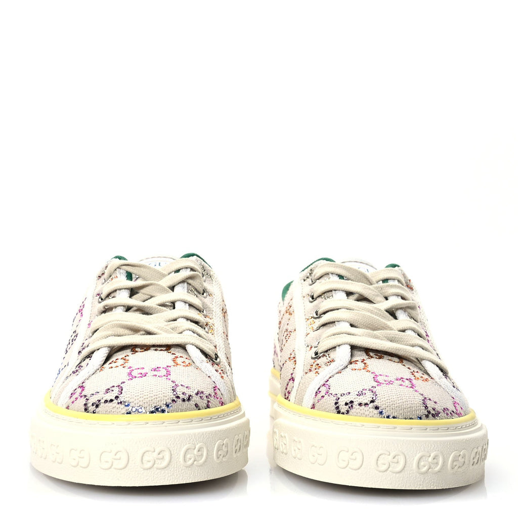 Canvas Lame Crystal GG Monogram Womens 1977 Tennis Sneakers 41 Gardenia Silver Mystic White