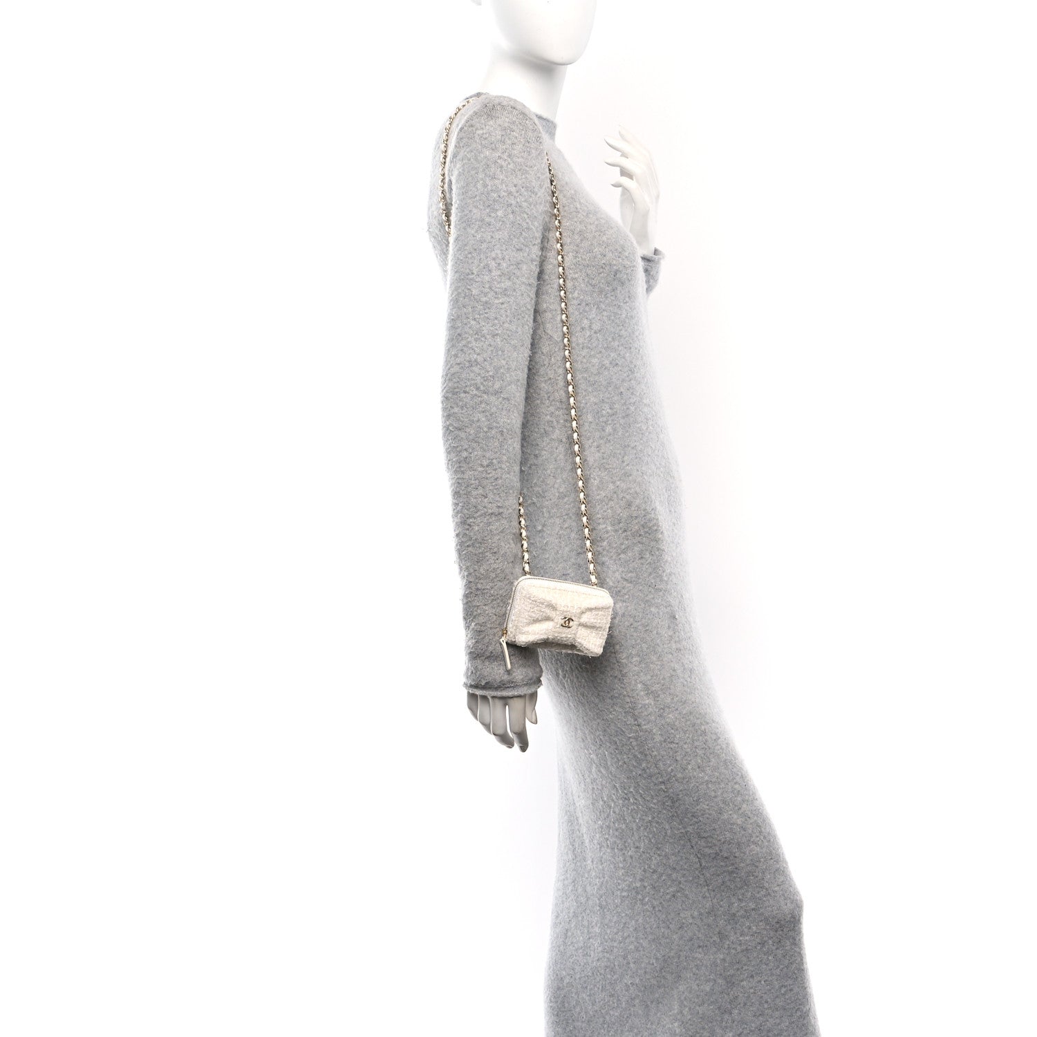 Tweed Quilted Bow Flap  Holder On Chain White