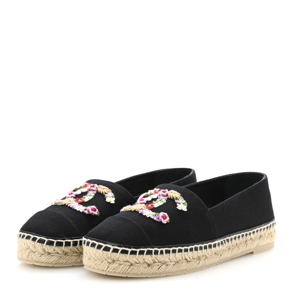 Canvas Embroidered Floral CC Espadrilles 41 Black