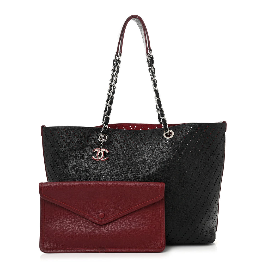 Perforated Grained Calfskin Large Shopping Tote Black