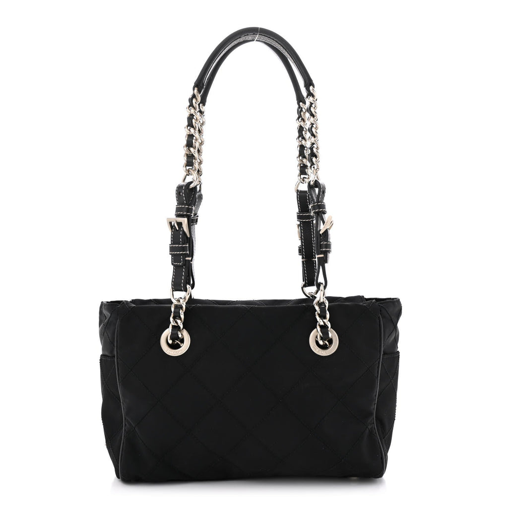 Nylon Tessuto Quilted Chain Shoulder Bag Black