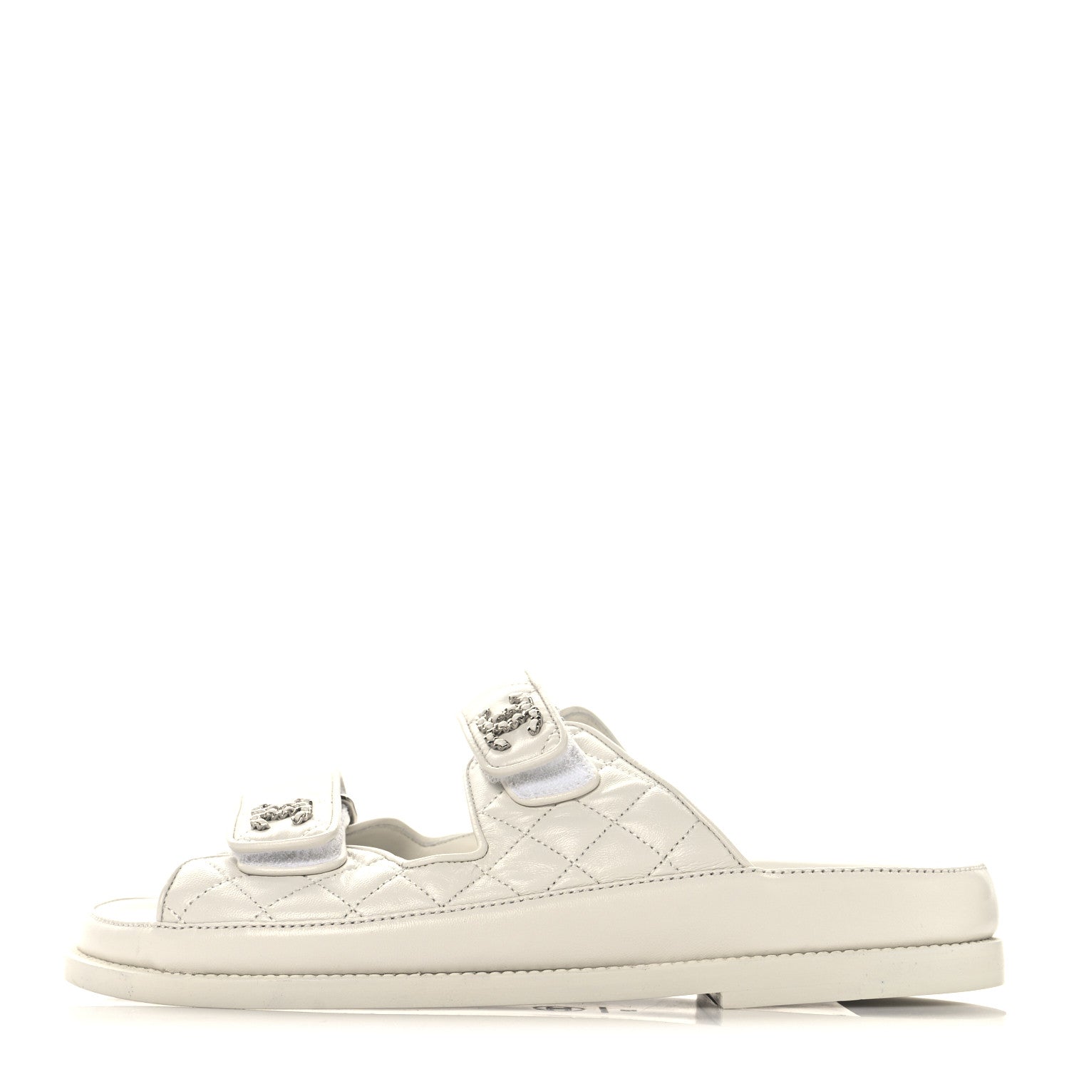 Lambskin Quilted Velcro Dad Chain CC Slide Sandals 39 White