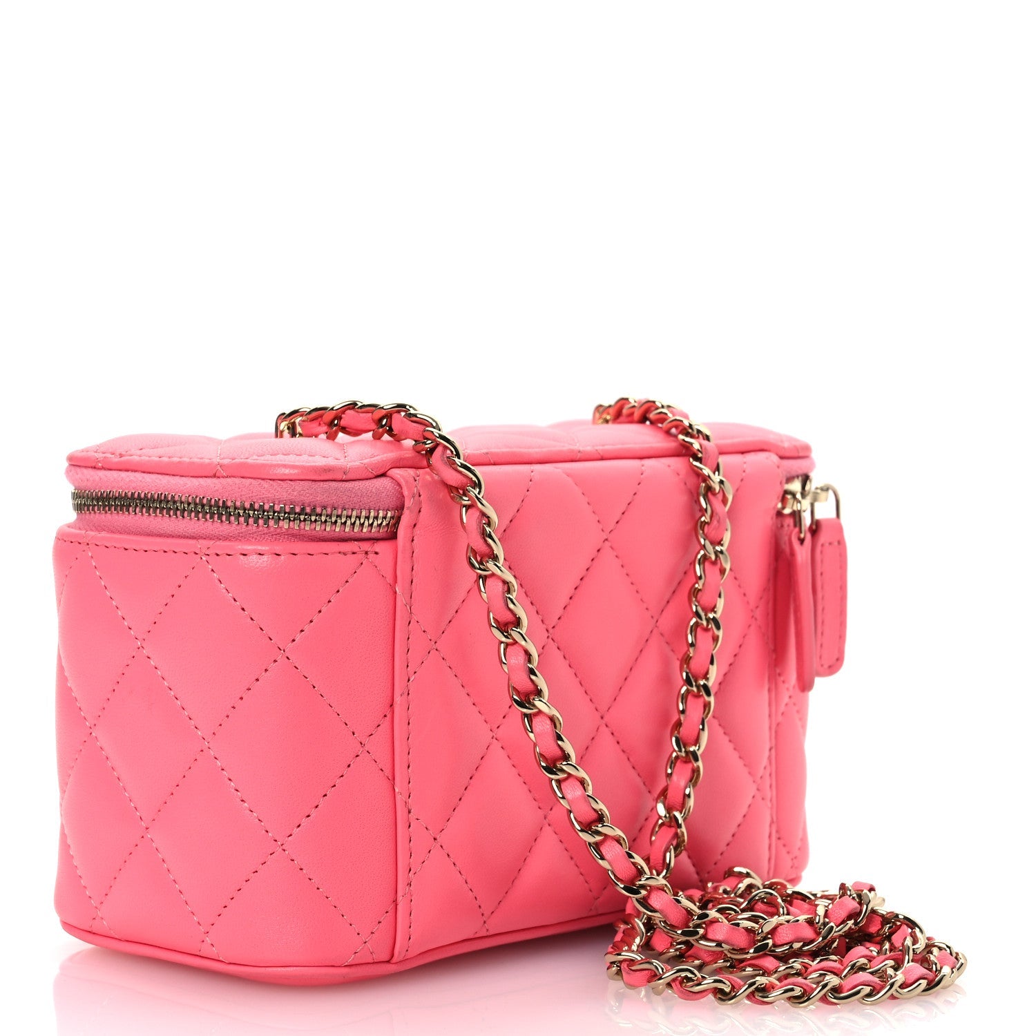 Lambskin Enamel Quilted Roller Skate Small Vanity Case With Chain Pink