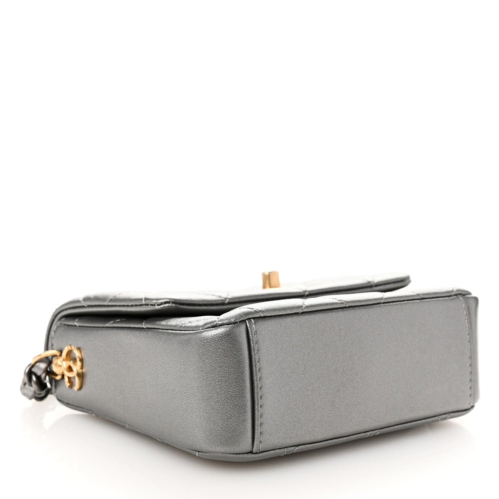 Metallic Lambskin Quilted Mini Side Note Flap Grey