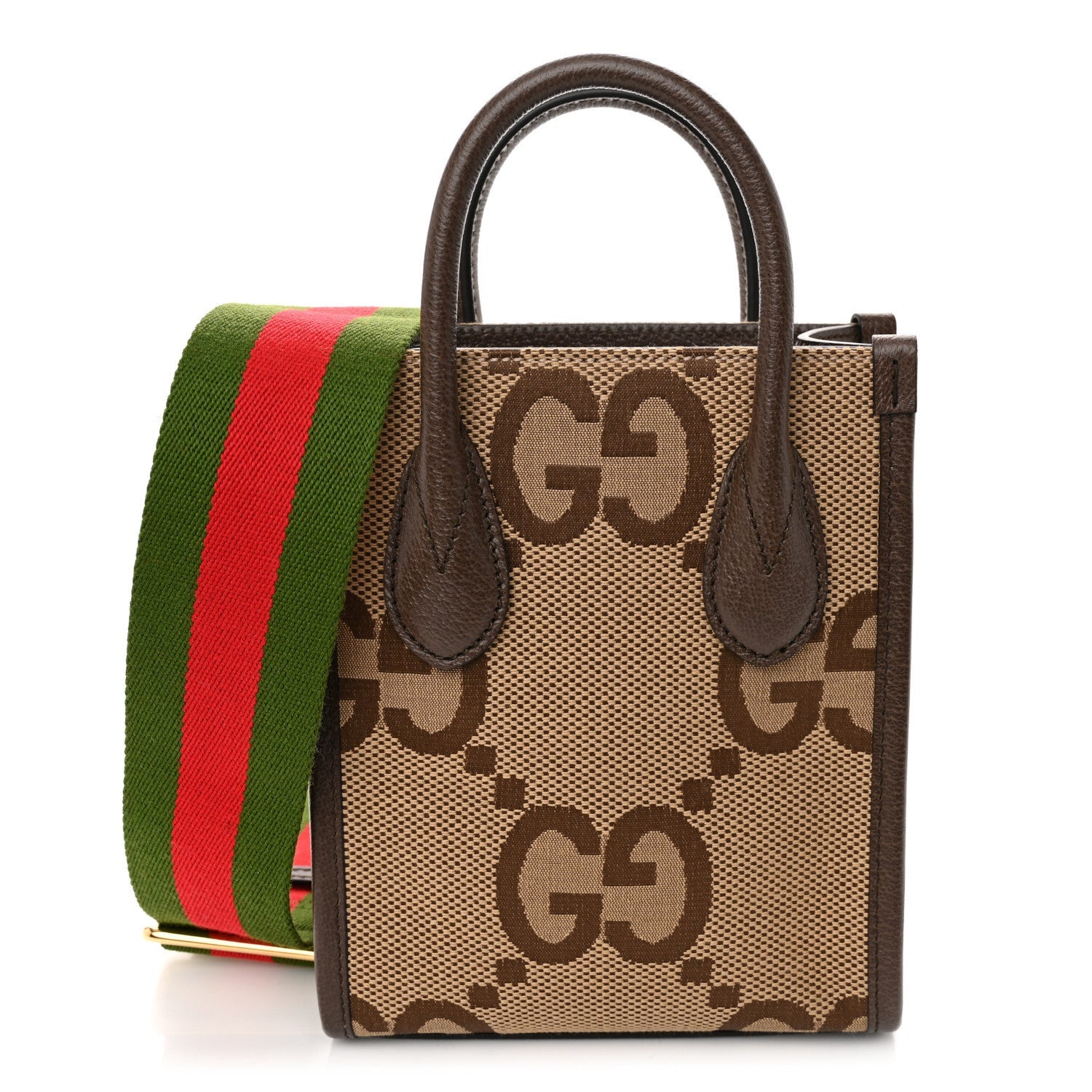 Monogram Jumbo GG Textured Dollar Calfskin Web Mini Vertical Tote Camel Ebony New Acero