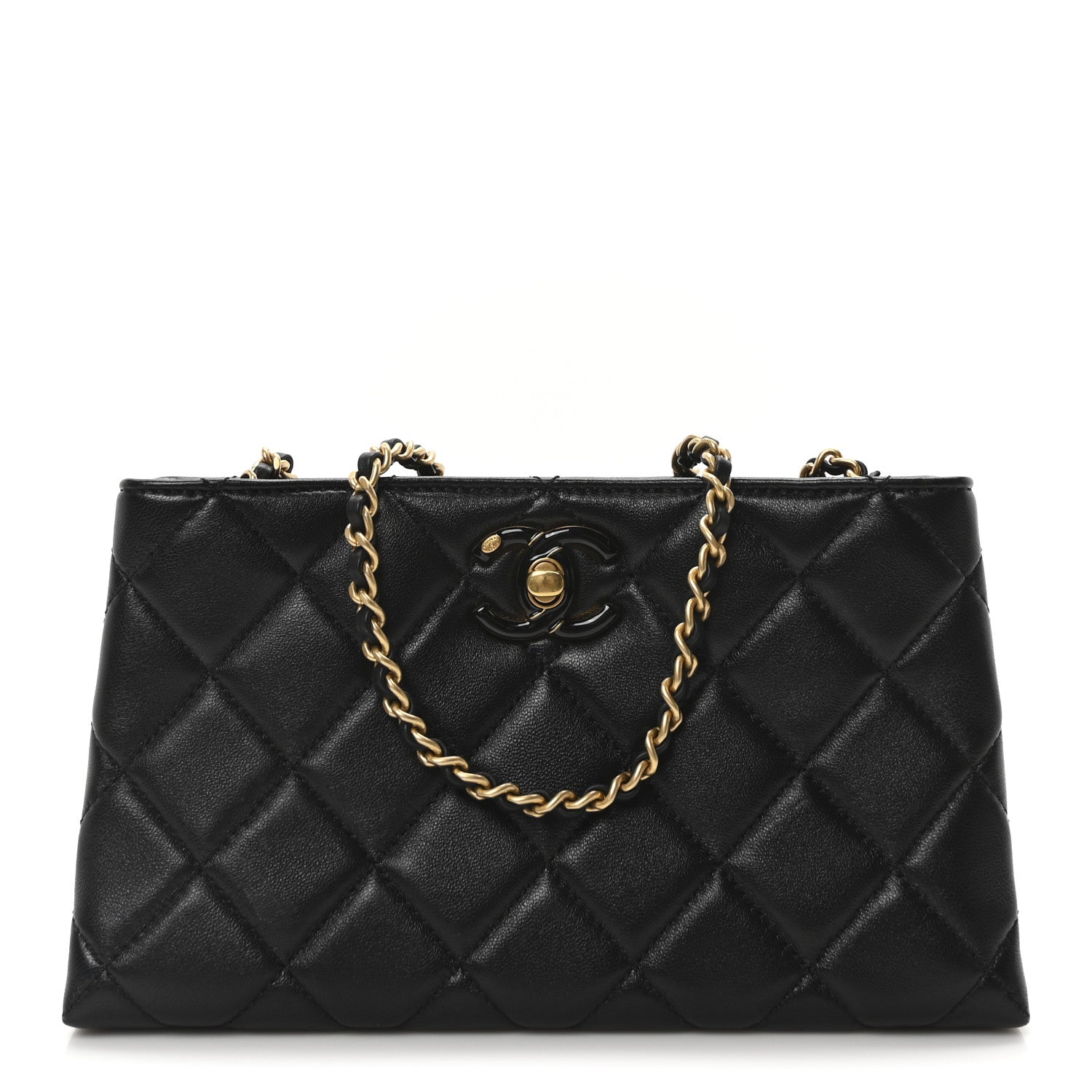 Lambskin Quilted Enamel Mini Shopping Bag Black