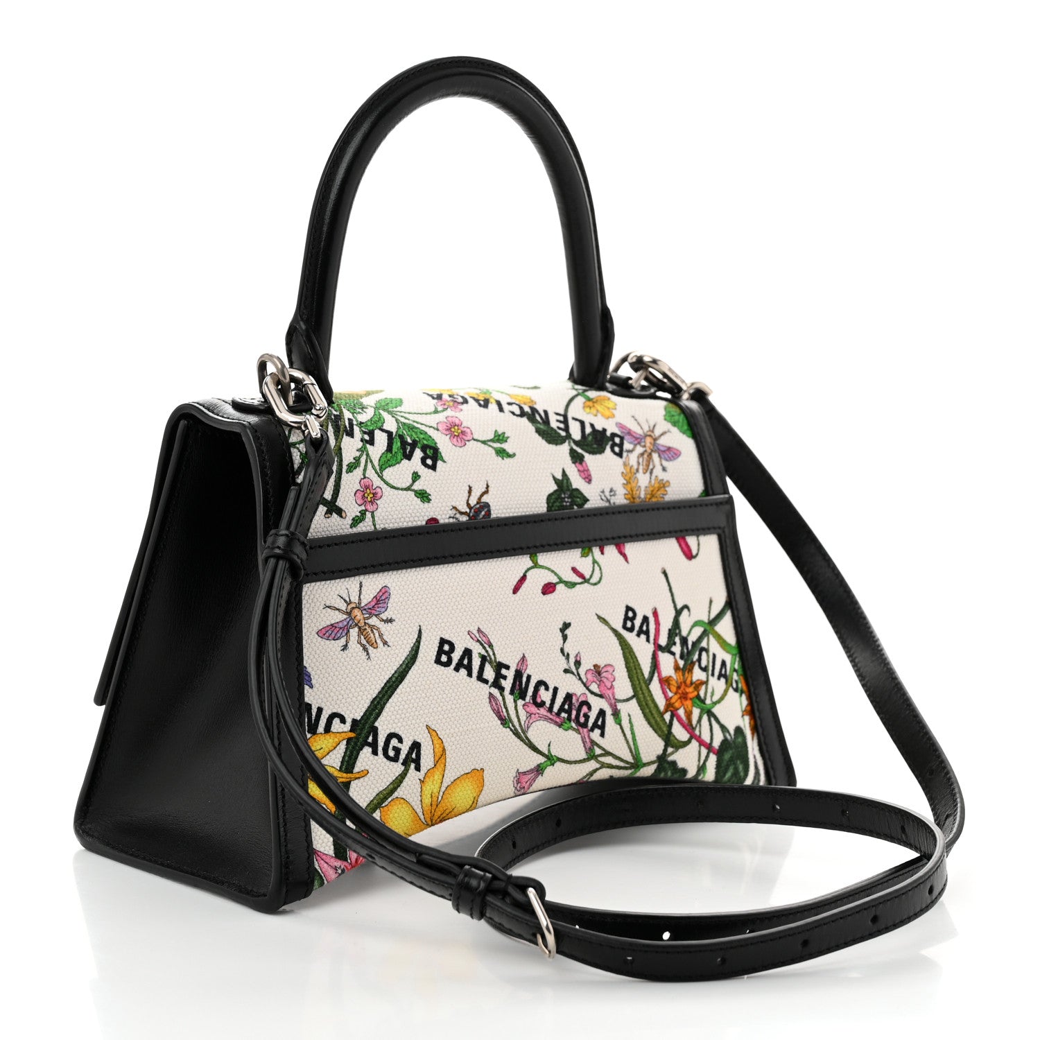 X GUCCI Canvas Boarded Plutone Calfskin Flora Logo Print Small Hourglass Top Handle Bag White Multicolor Black