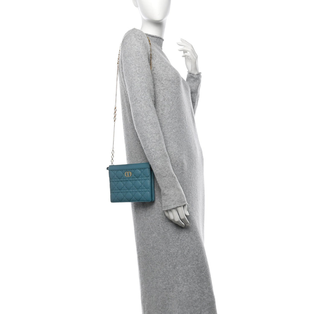 Calfskin Cannage Caro Zipped Pouch With Chain Cloud Blue