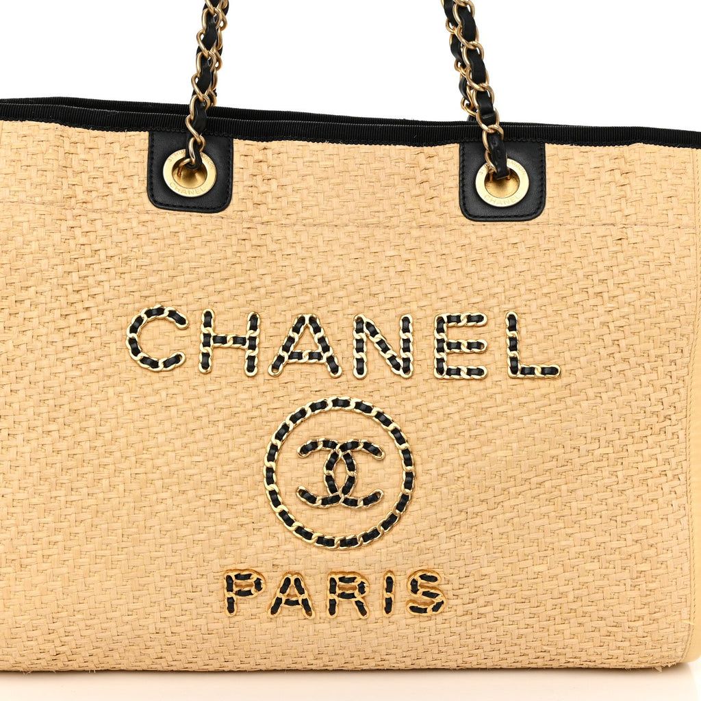Straw Raffia Calfskin Chain Small Deauville Tote Beige Black