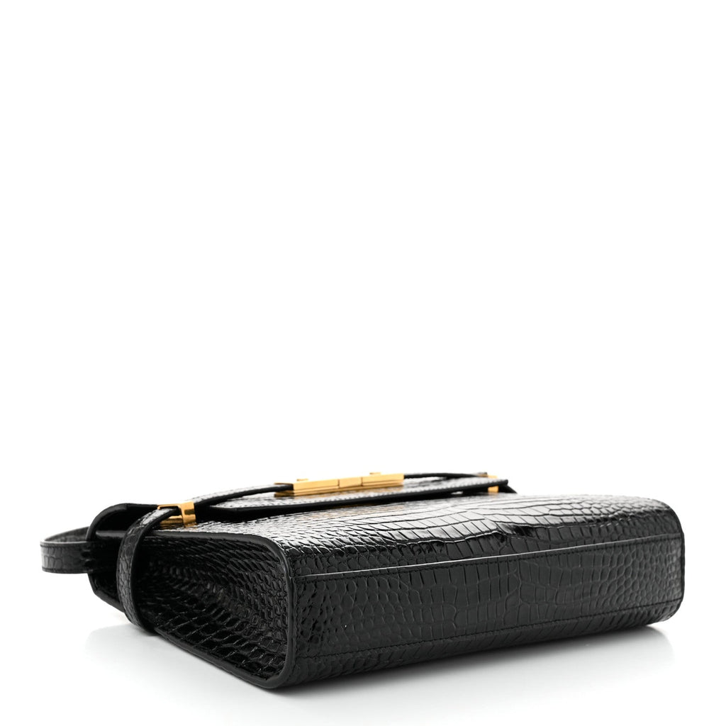 Shiny Calfskin Crocodile Embossed Small Manhattan Baguette Black