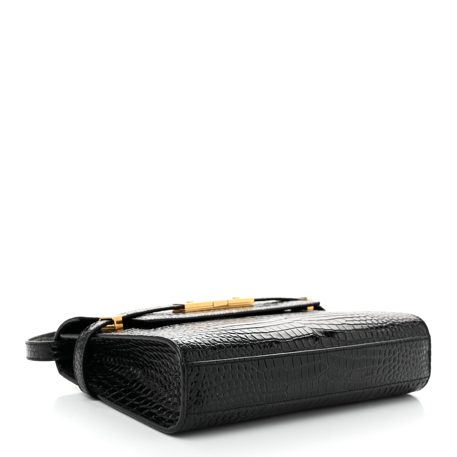 Shiny Calfskin Crocodile Embossed Small Manhattan Baguette Black