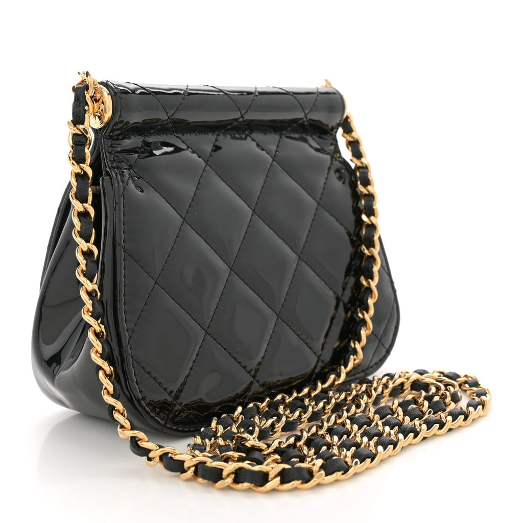 Patent Quilted Frame Clutch Flap With Chain Black