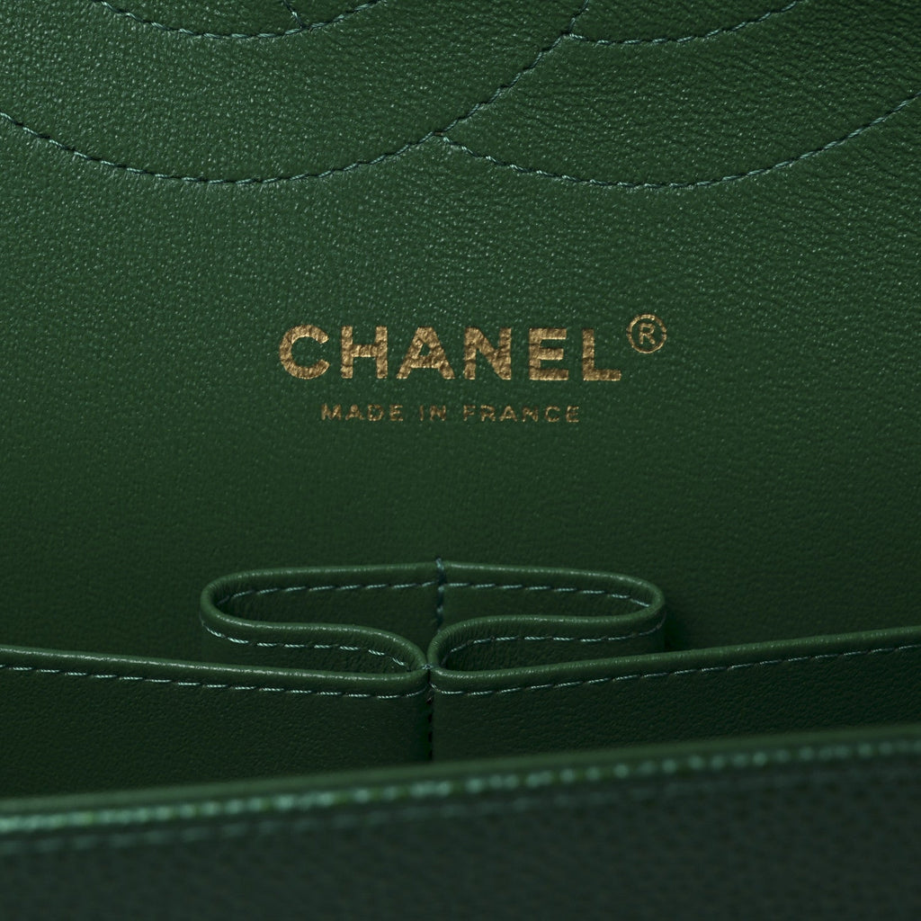 Metallic Caviar Quilted Jumbo Double Flap Green